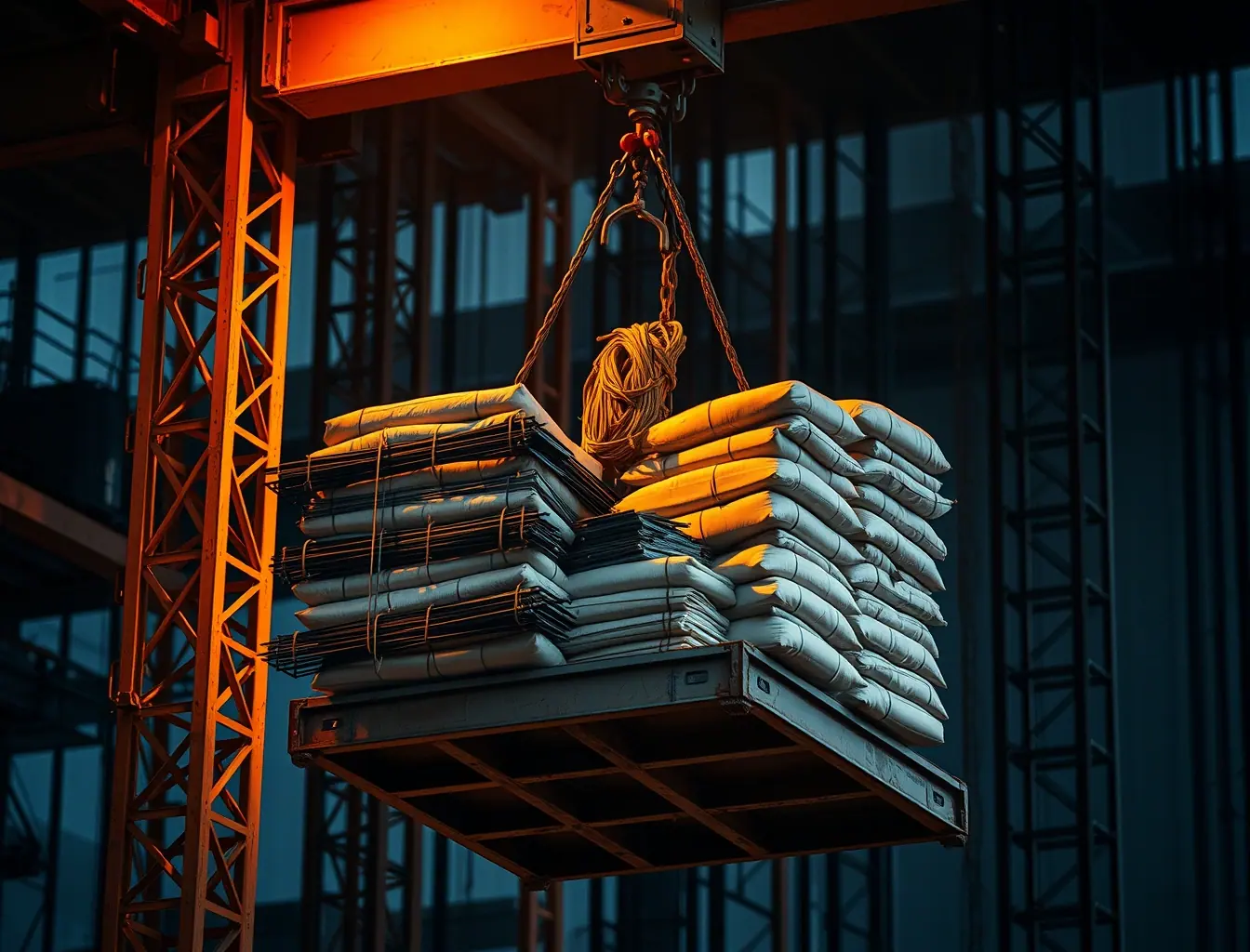 Cabine de elevador de obra carregada com sacos de cimento e material de construção