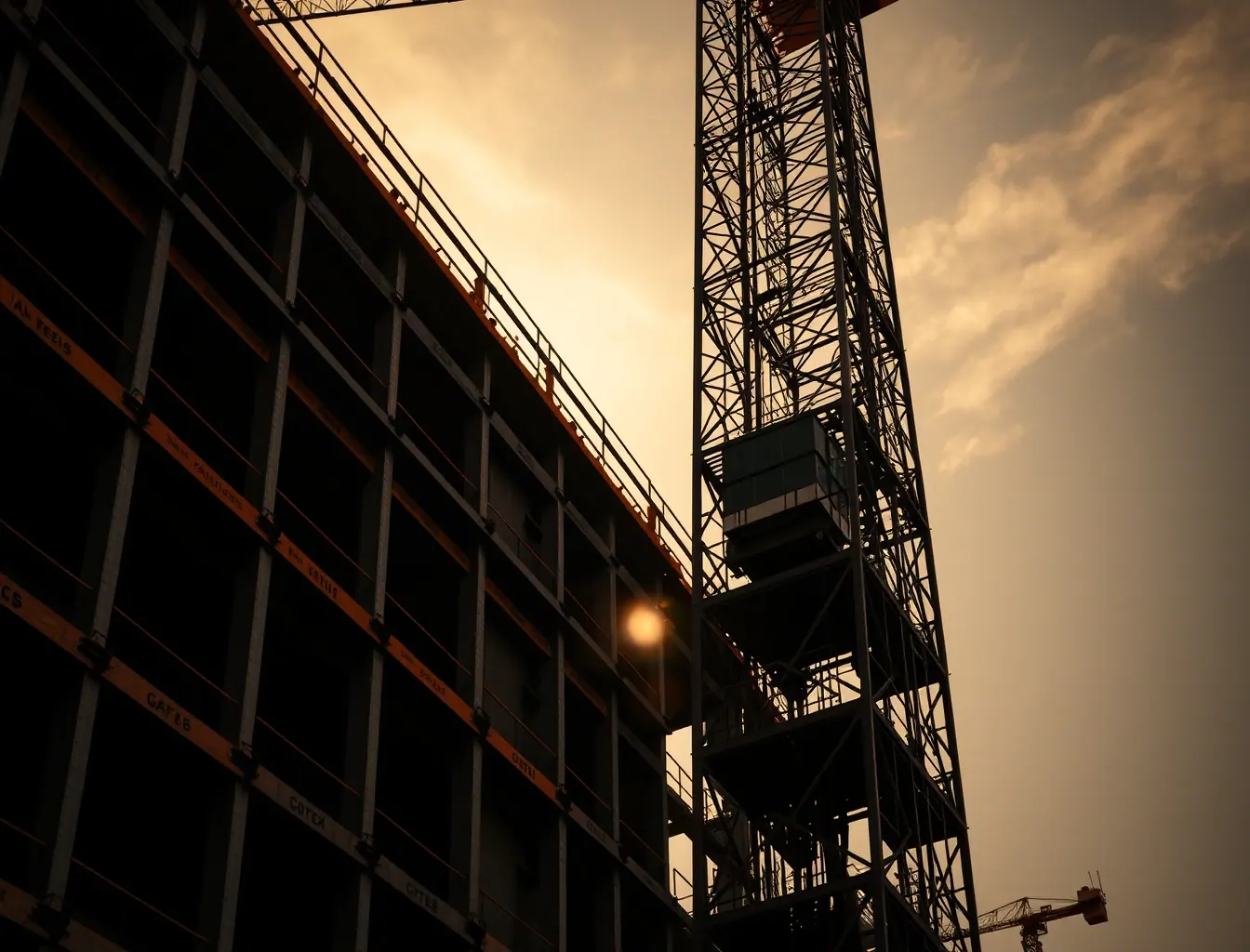 Canteiro com grua de torre e elevador de obra atuando no mesmo edifício