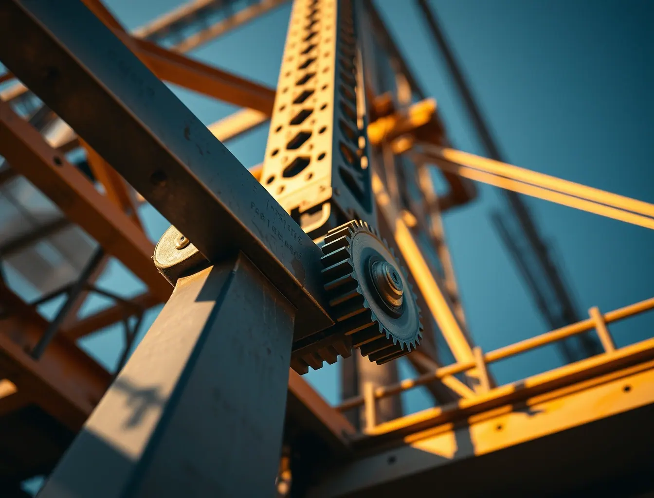 Detalhe técnico do mastro e do sistema pinhão-cremalheira de um elevador de obra