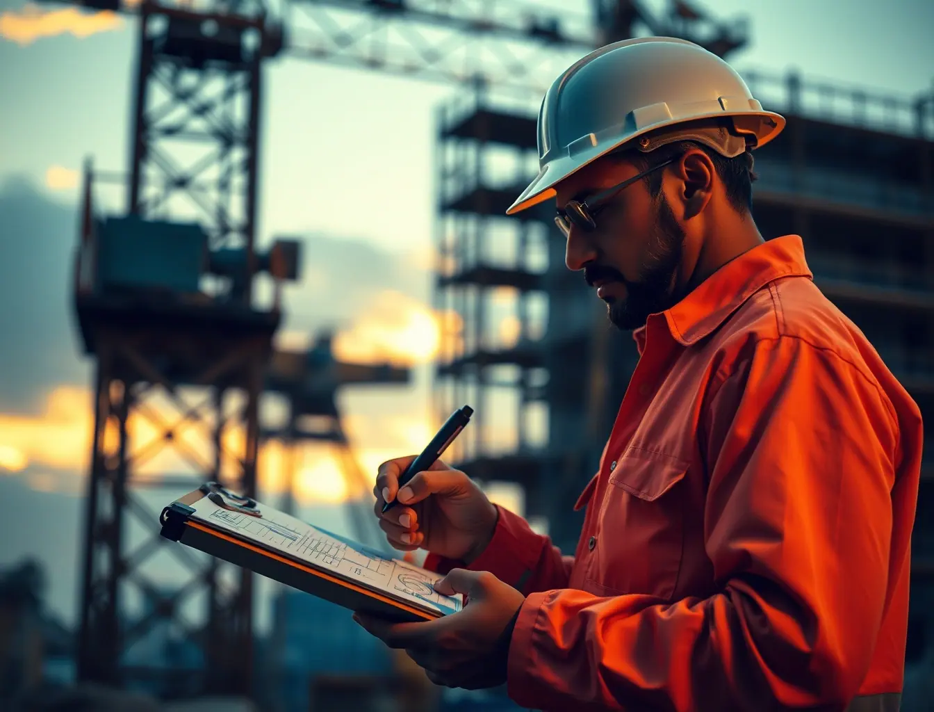 Engenheiro assinando documentação técnica no canteiro de obras
