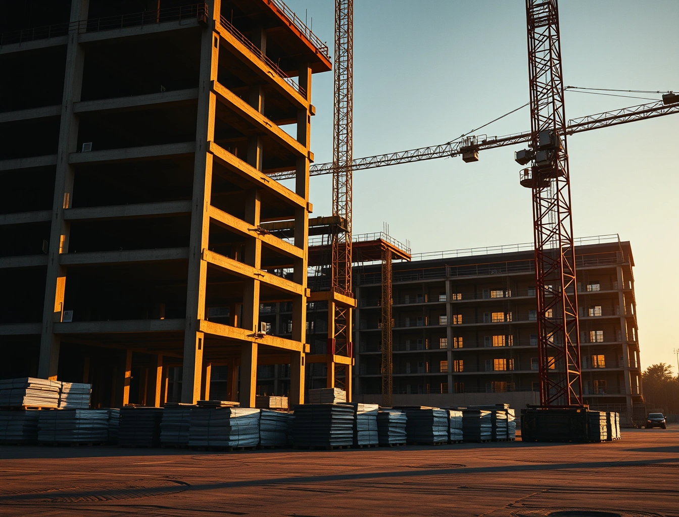 Canteiro de obras com equipamentos de elevação operando em edifício em construção