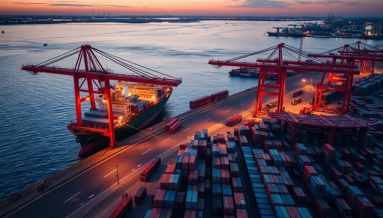 Terminal portuário com navio cargueiro sendo descarregado por guindastes e pátio de contêineres ao entardecer