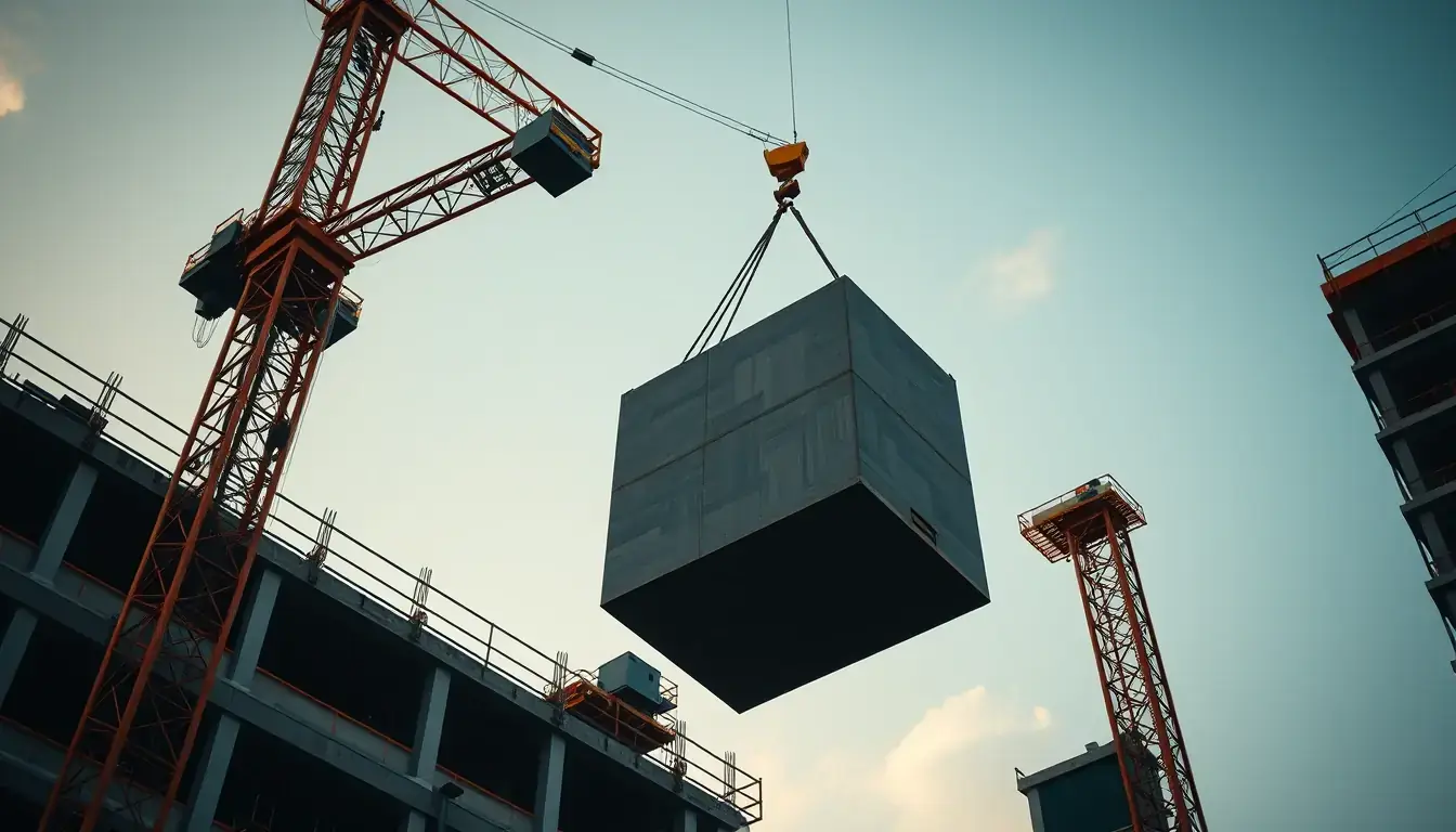 Grua de torre içando um painel pré-moldado em canteiro de obra