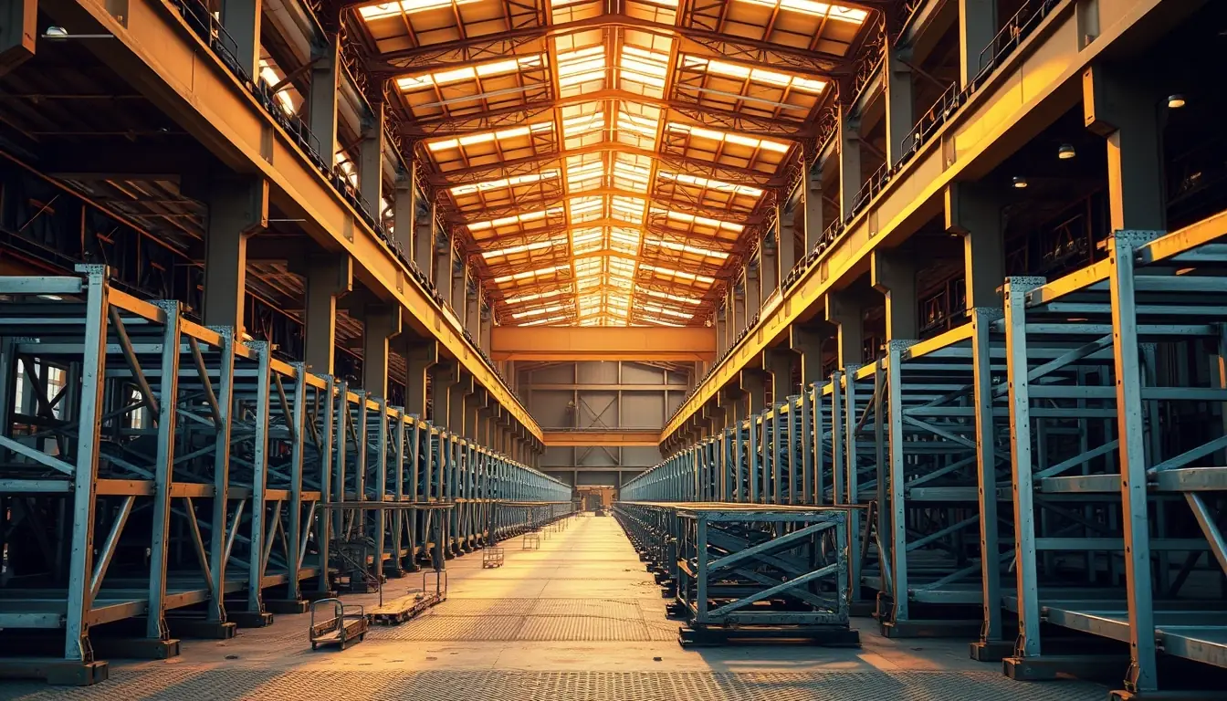 Chão de fábrica com módulos de mastro de elevador cremalheira em produção