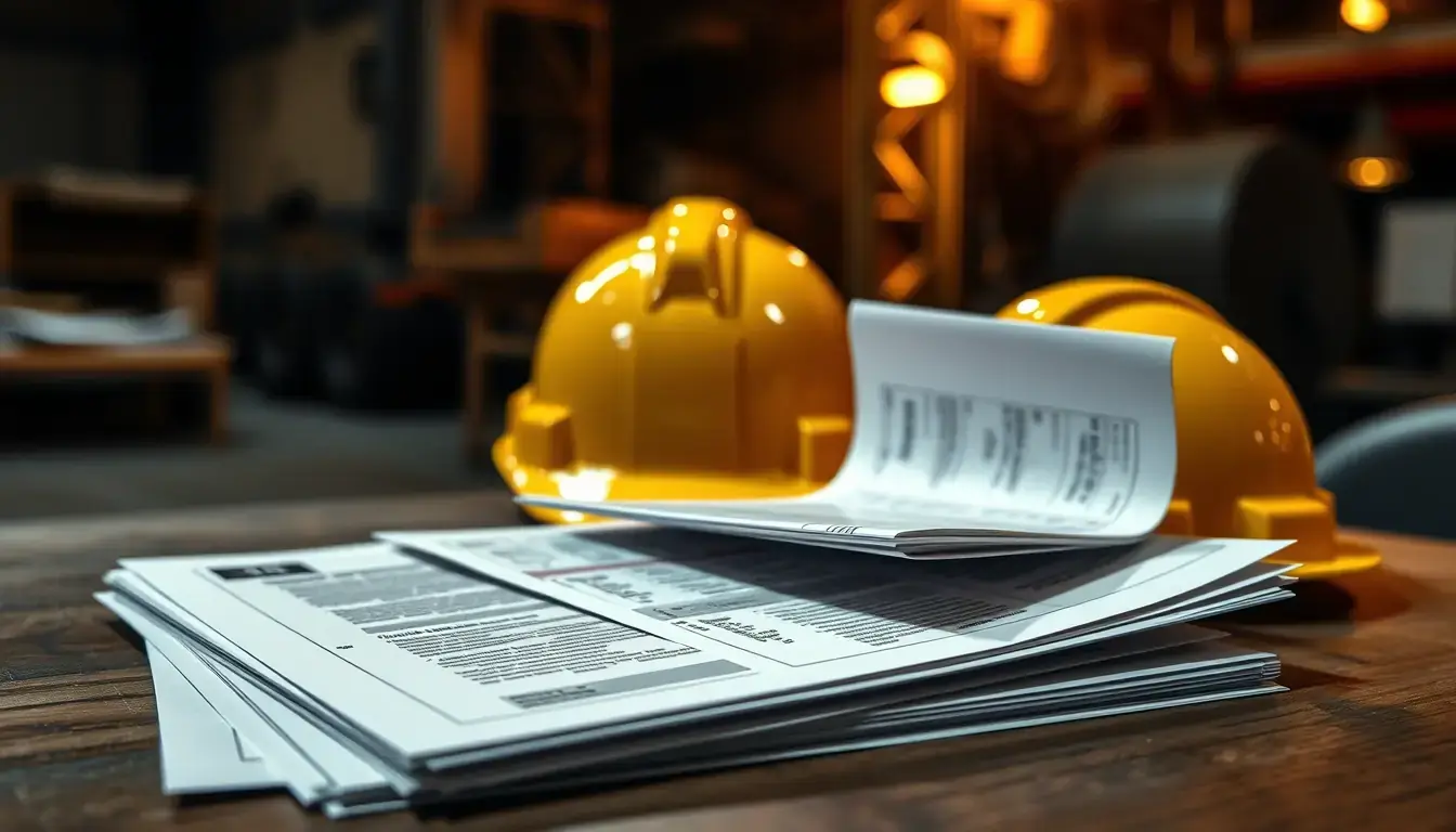 Documentação técnica, contrato e manual sobre a mesa do escritório de obra