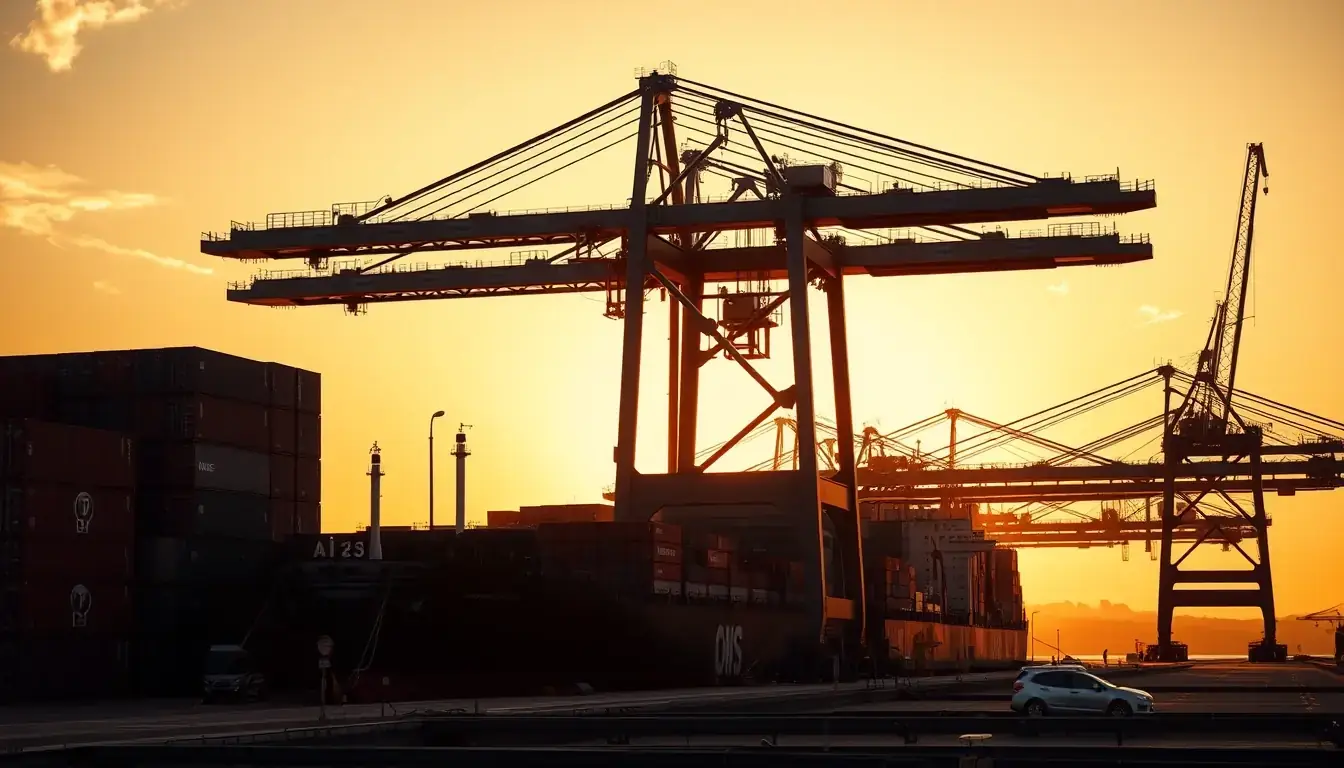 Terminal portuário com contêineres e navio atracado