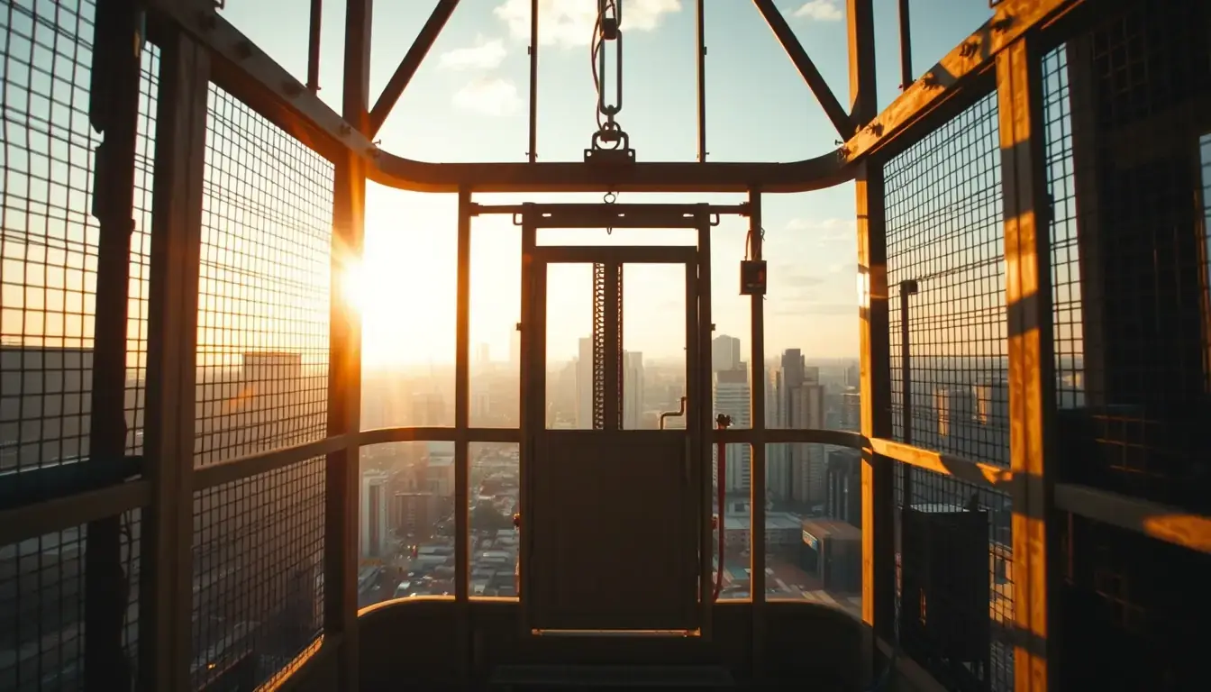 Interior da cabine de um elevador de obra com tela de proteção e portão de acesso