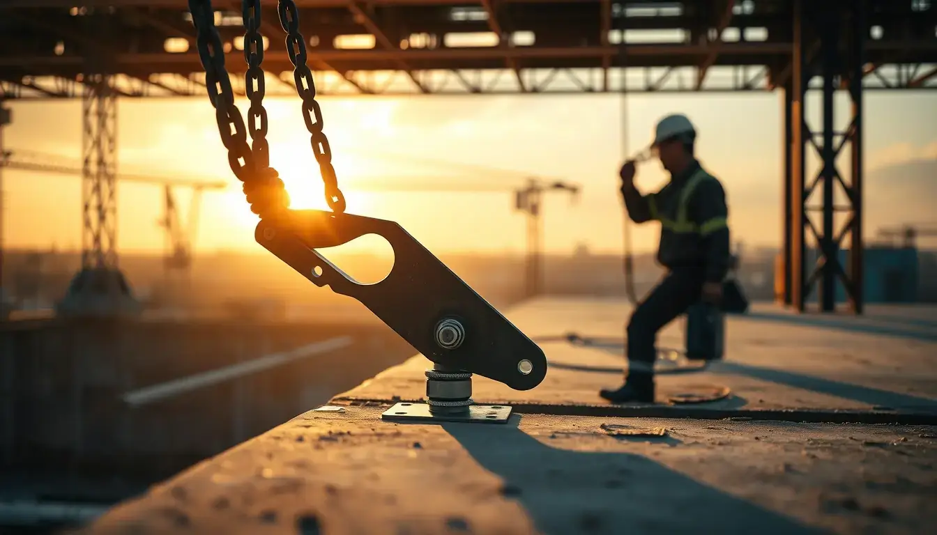 Ponto de ancoragem fixado à borda da laje de um edifício em construção