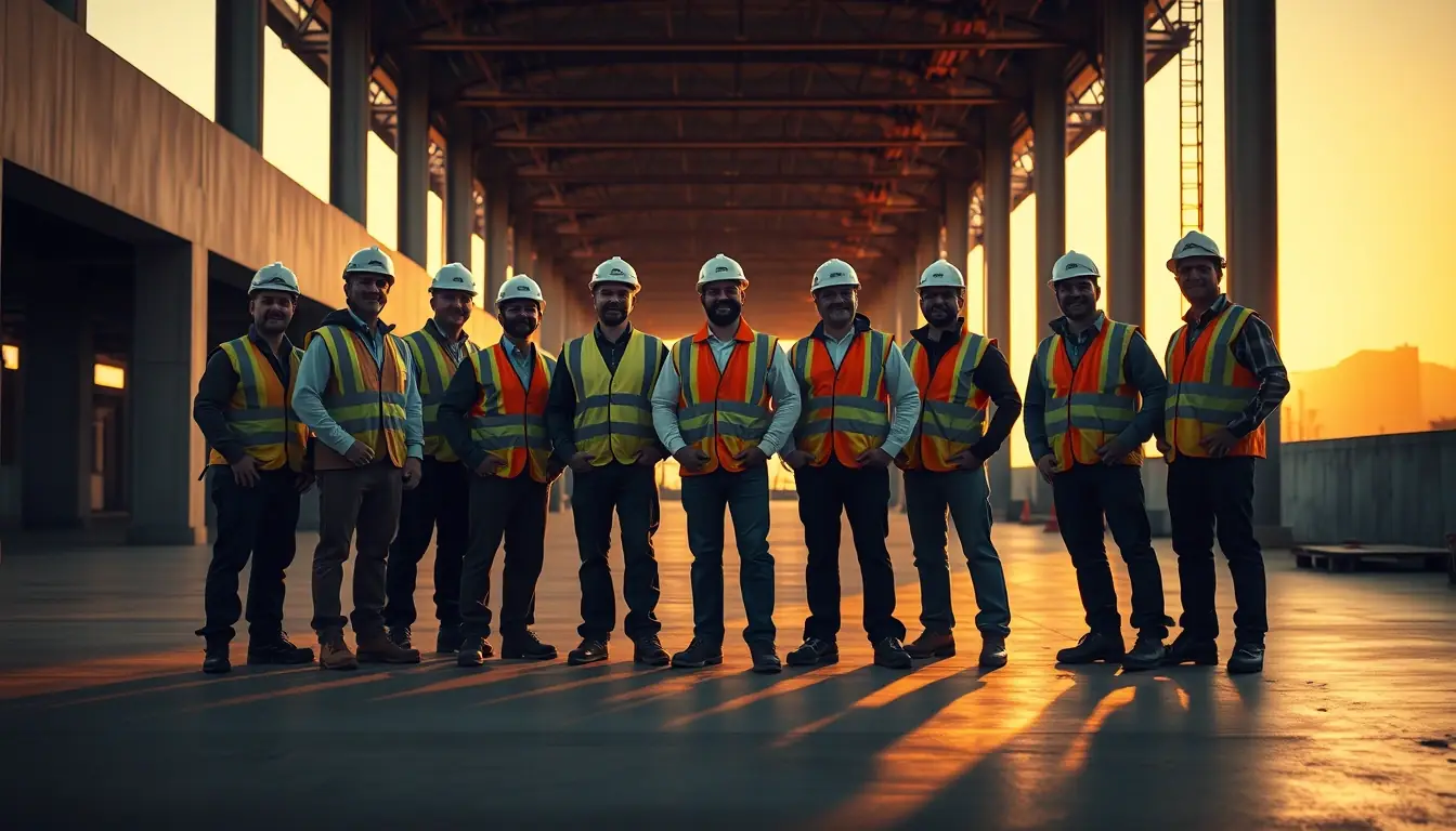 Equipe de operários com capacete e colete reunida em um pavimento da obra