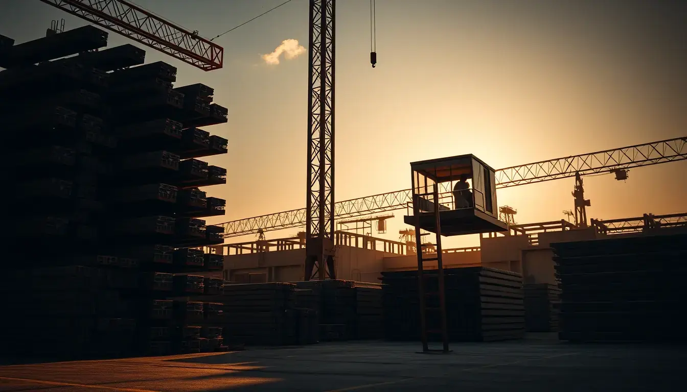 Módulos de torre e cabine de elevador de obra estocados em pátio industrial