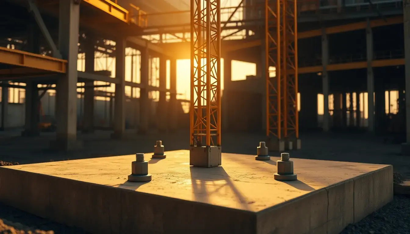 Base de concreto com chumbadores pronta para receber a torre do elevador