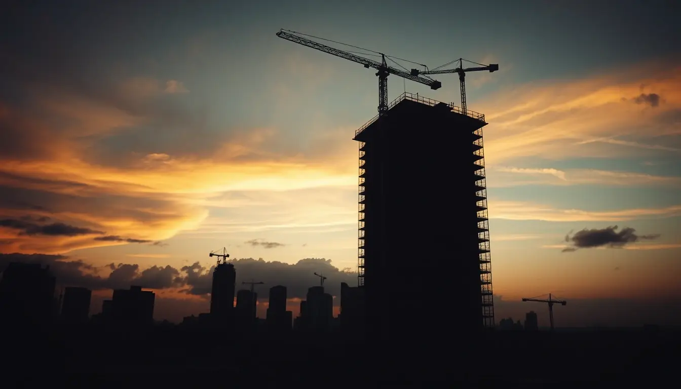 Edifício em construção com a torre do elevador na fachada ao entardecer