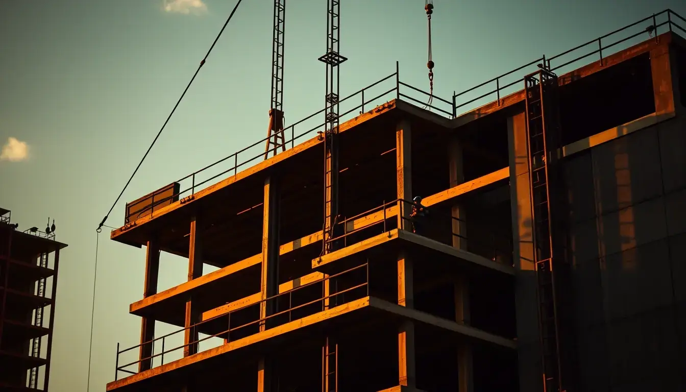 Operário trabalhando em pavimento superior de um edifício em construção