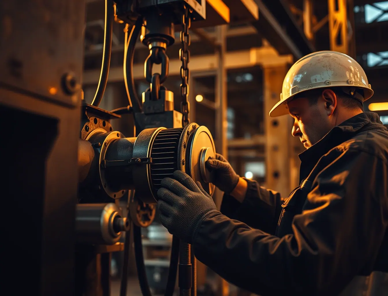 Técnico fazendo manutenção no motor e redutor de um elevador de obra