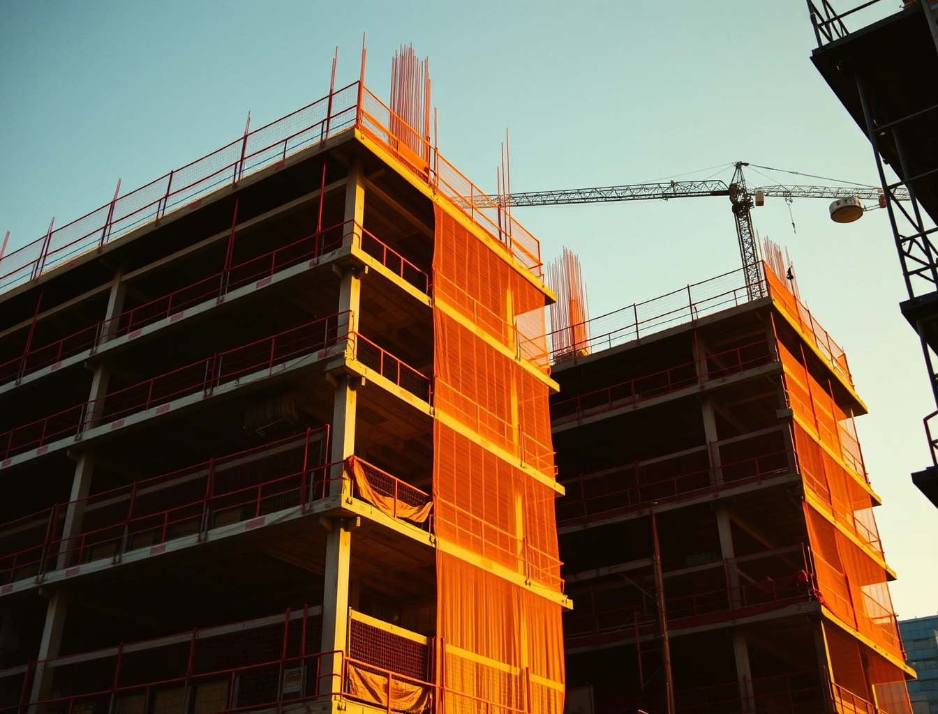 Fachada de edifício em construção com sistema de proteção de perímetro instalado