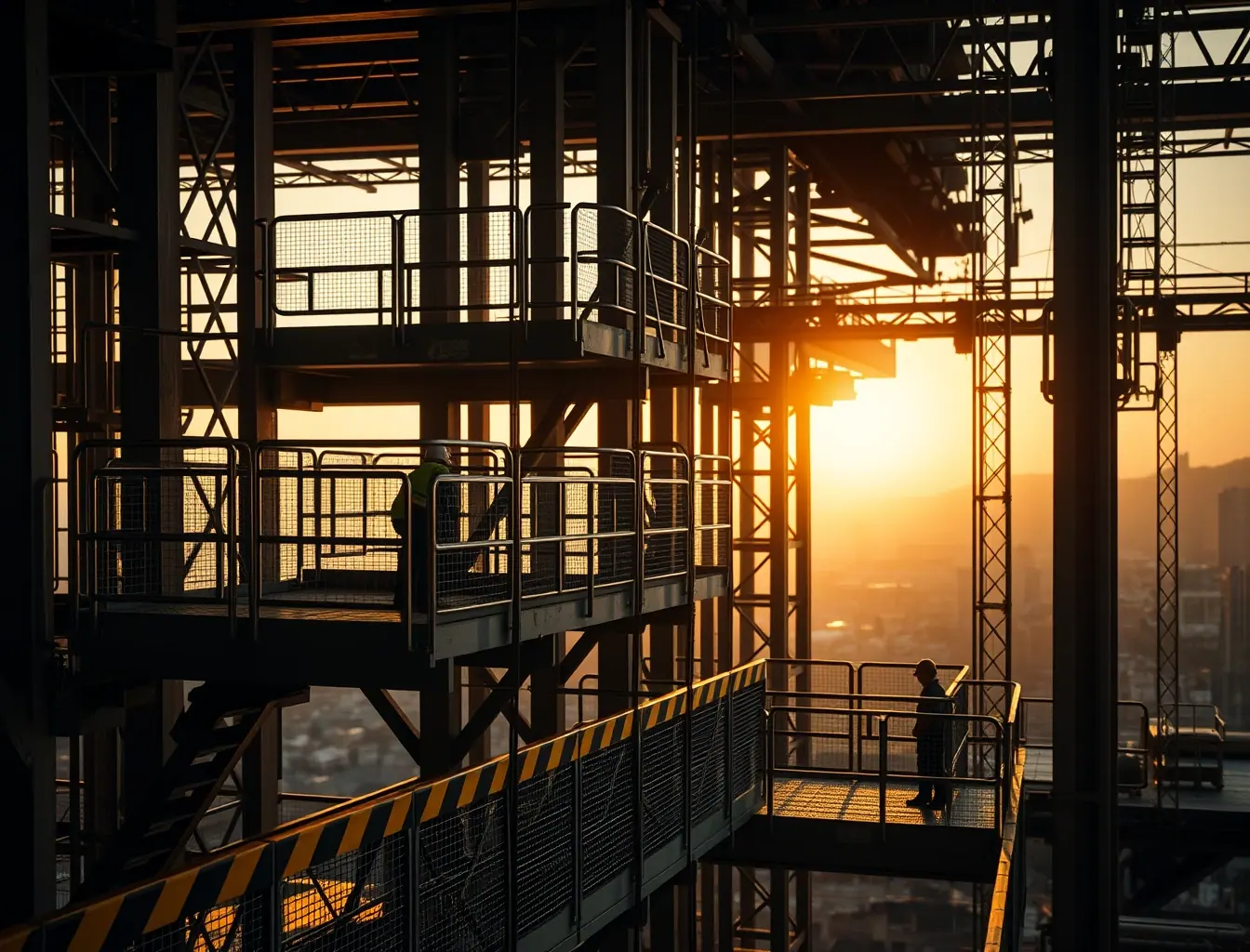 Canteiro de obras com proteções de acesso ao elevador em cada pavimento