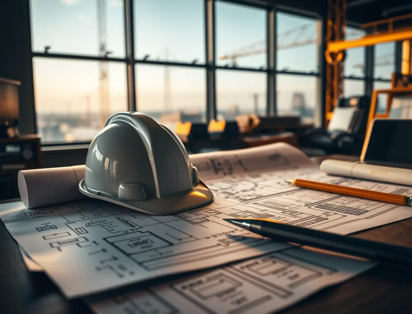 Projeto técnico de engenharia sobre a mesa com capacete de obra