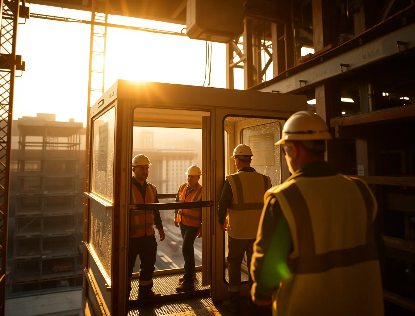Operários com capacete entrando na cabine de passageiros de um elevador de obra