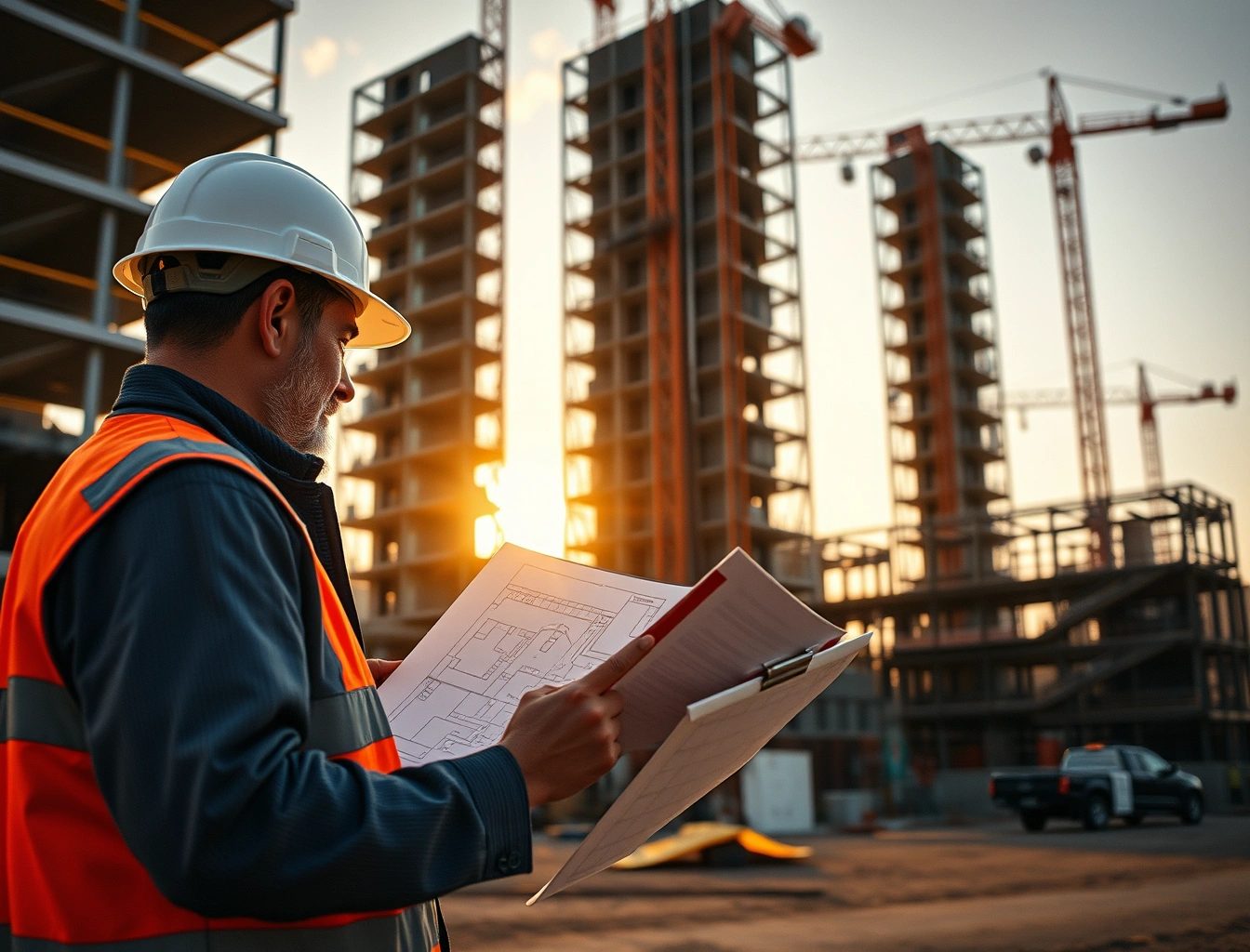Engenheiro analisando projeto em prancheta no canteiro de obras ao entardecer