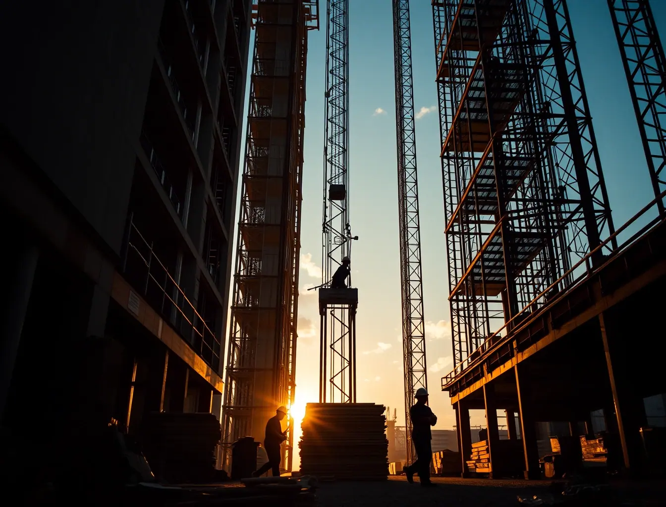 Operários carregando material de construção no elevador de obra na base do edifício