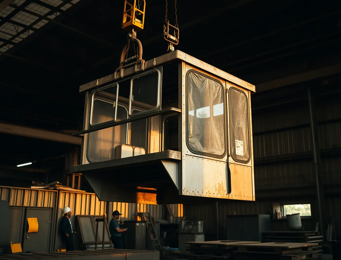 Elevador de obra usado sendo revisado em oficina industrial