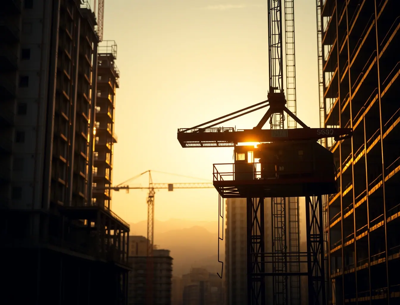 Elevador de obra em edifício concluído com nova obra ao fundo