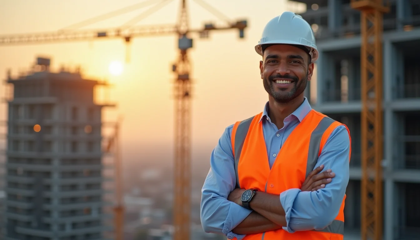 Engenheiro de capacete e colete em um canteiro de obras
