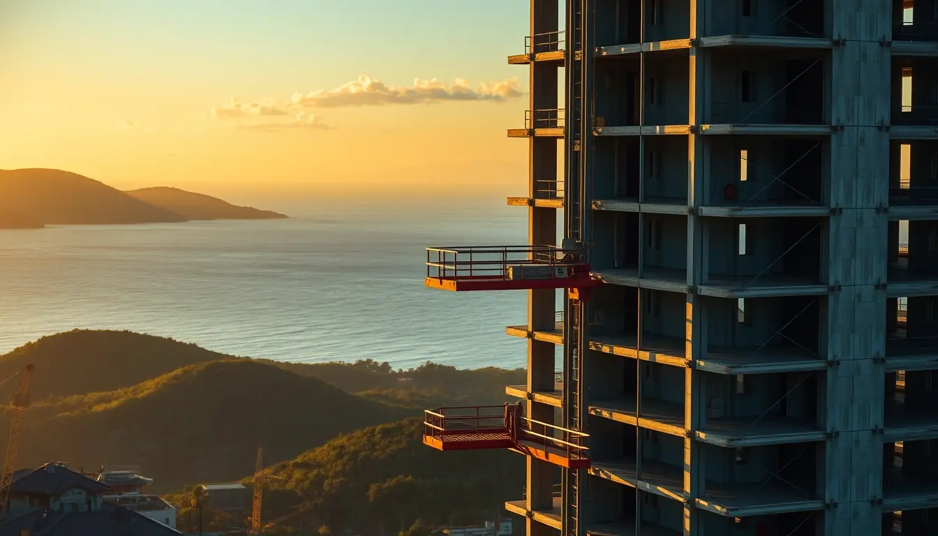 Construção civil em Camboriú/SC, com elevador de obra em edifício