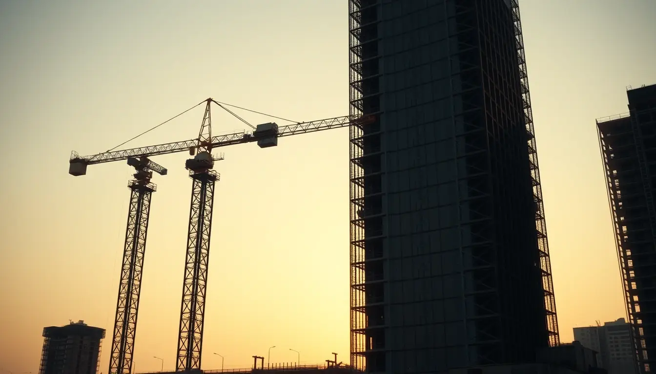 Canteiro de obras amplo com gruas e elevador de obra