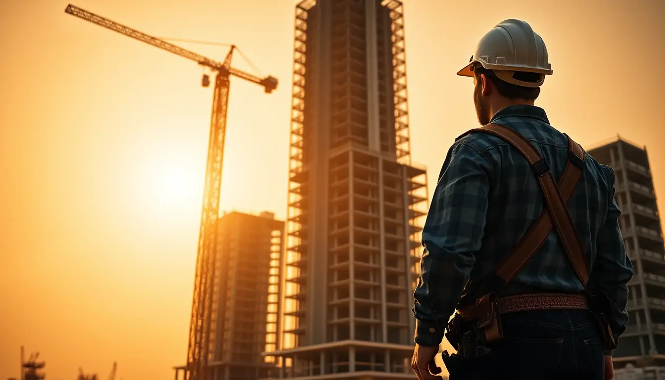 Trabalhador da construção civil de capacete, de costas, observando um canteiro de obras ao entardecer
