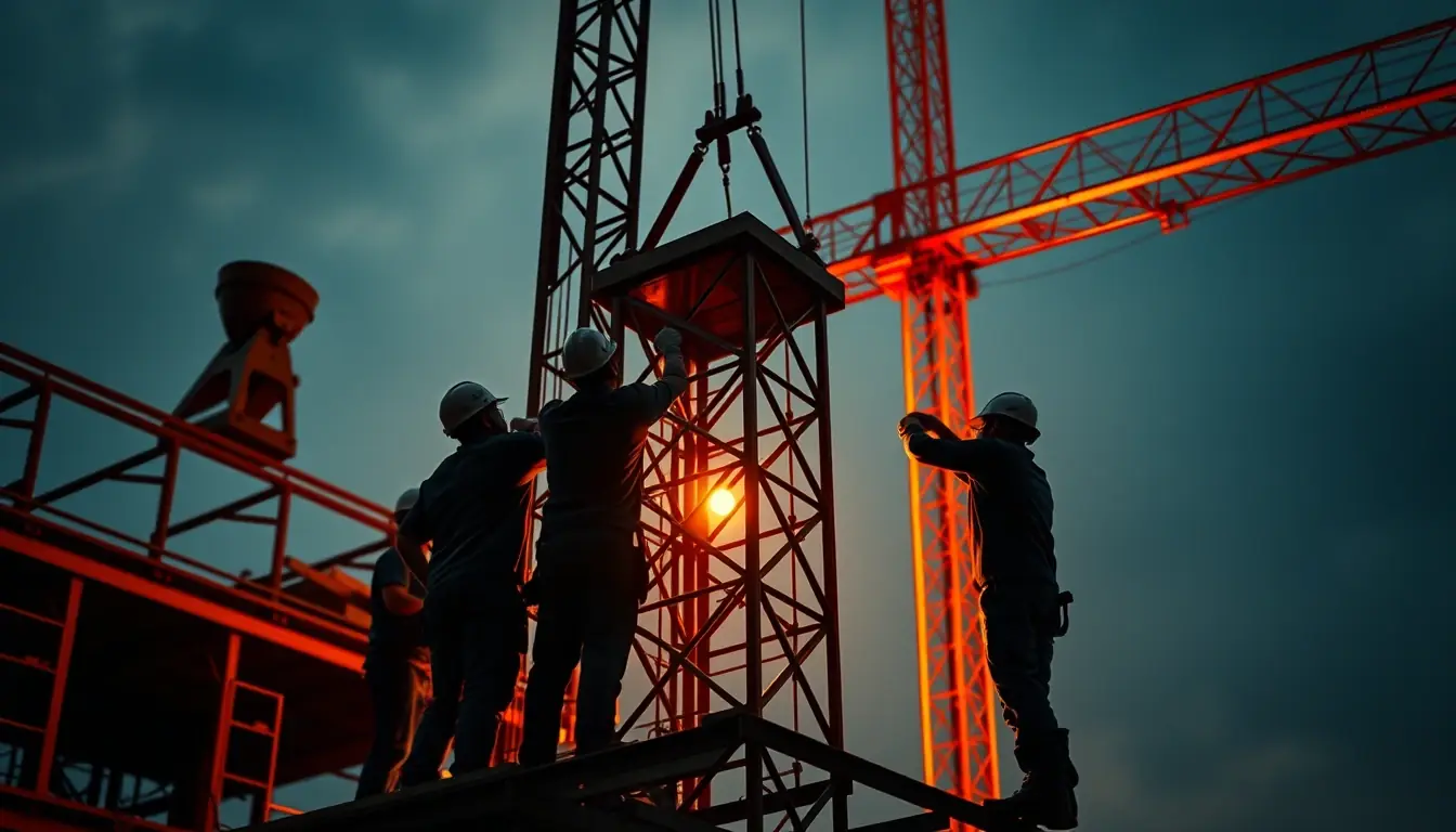 Equipe técnica montando a torre de um elevador de obra em um canteiro
