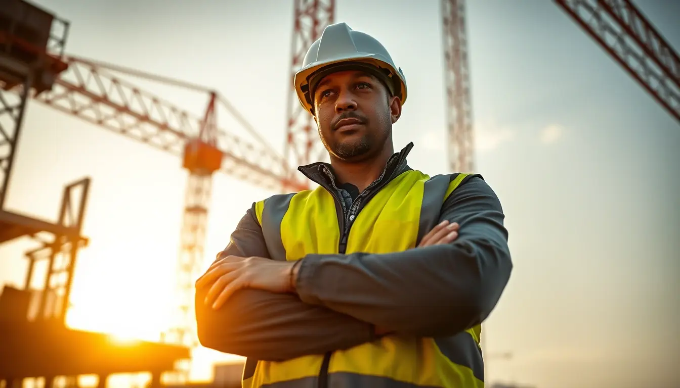 Engenheiro de capacete e colete, de braços cruzados, em um canteiro de obras