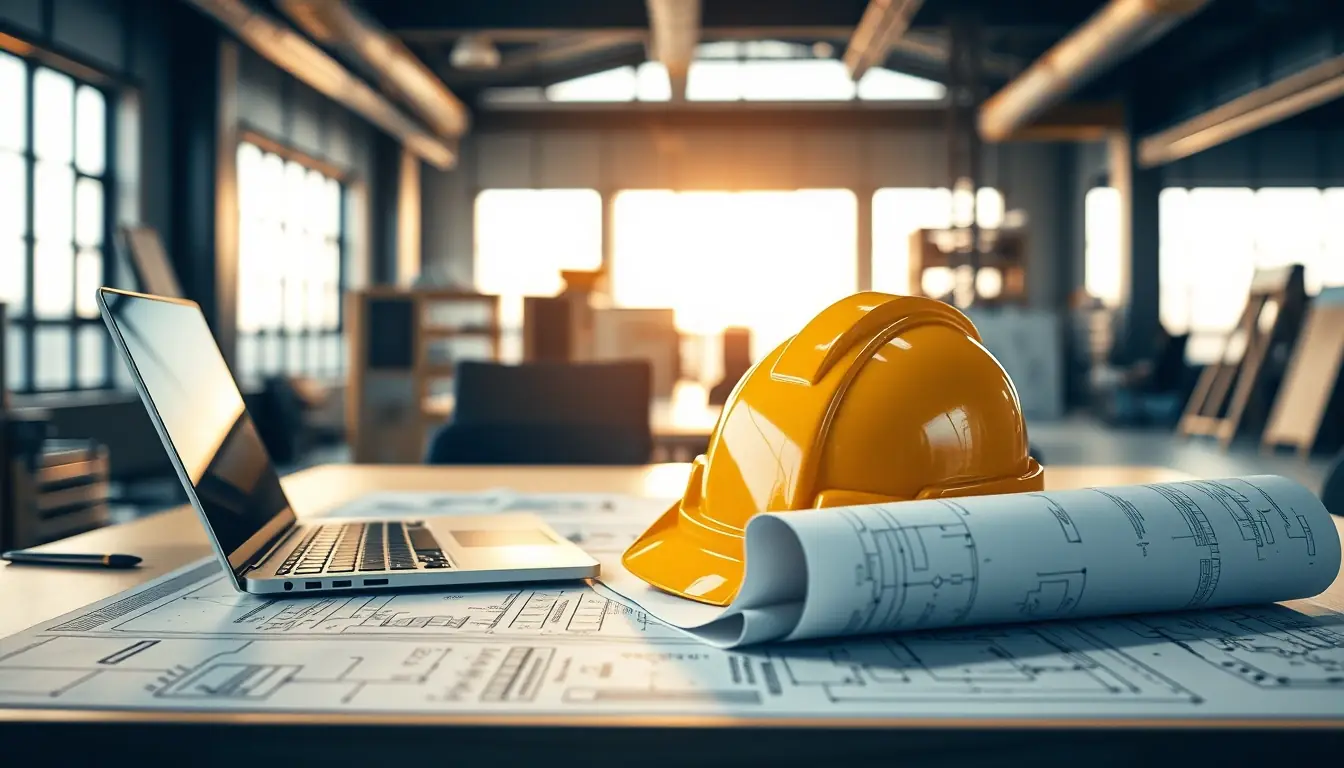 Projeto técnico de engenharia e capacete de obra sobre a mesa