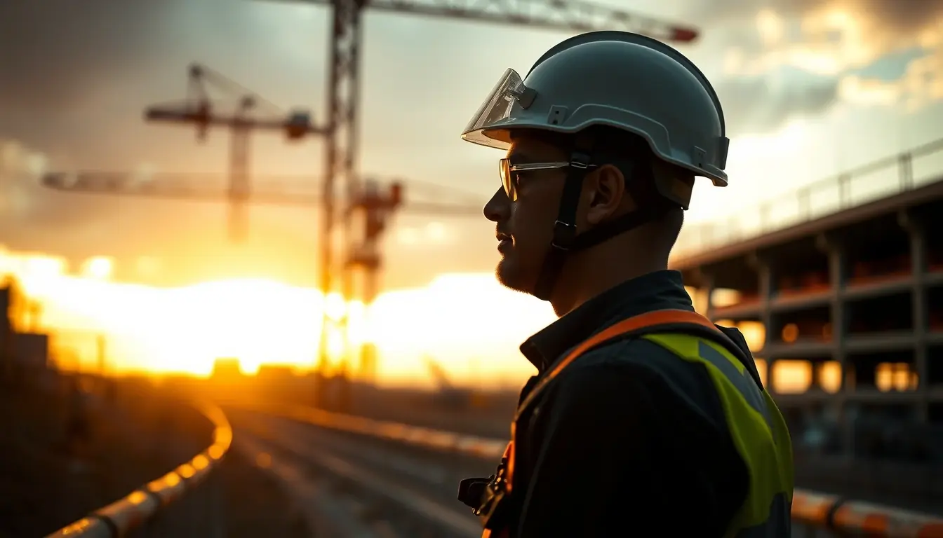 Operário com EPI completo em um canteiro de obras organizado