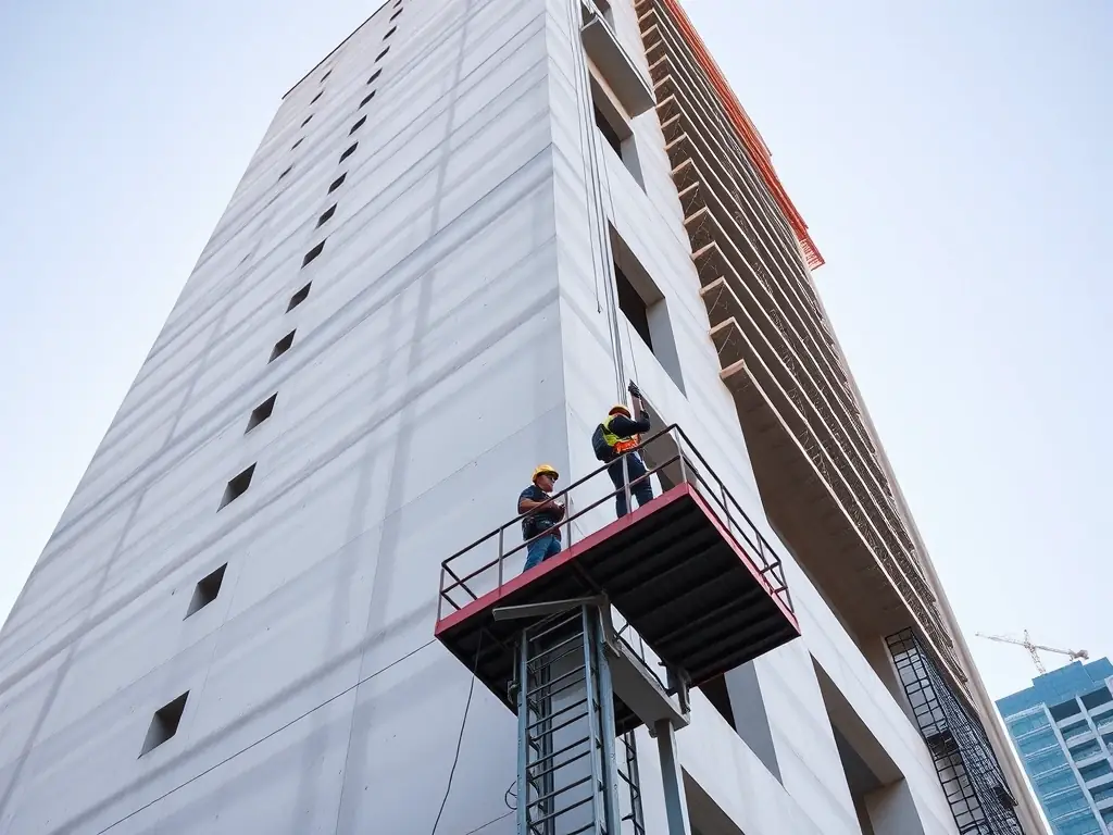 Operários em plataforma suspensa na fachada de um edifício