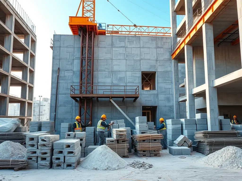 Material de construção na base de um edifício ao lado da torre de um elevador de obra