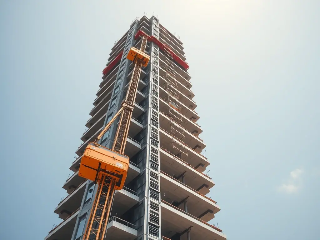 Dois elevadores de obra de alturas diferentes na fachada de um edifício
